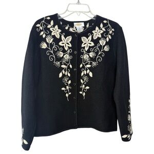 Vtg Boiled Wool Floral Embroidered Cardigan Sweater Jacket Sz Med Black Talbots